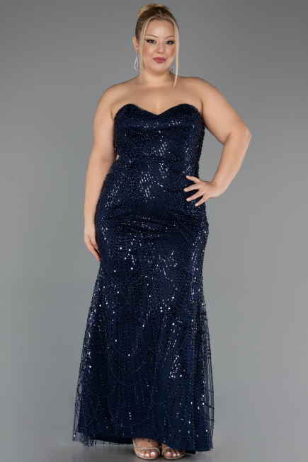 Long Navy Blue Beaded Plus Size Evening Gown ABU6632