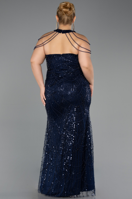 Long Navy Blue Beaded Plus Size Evening Gown ABU6632