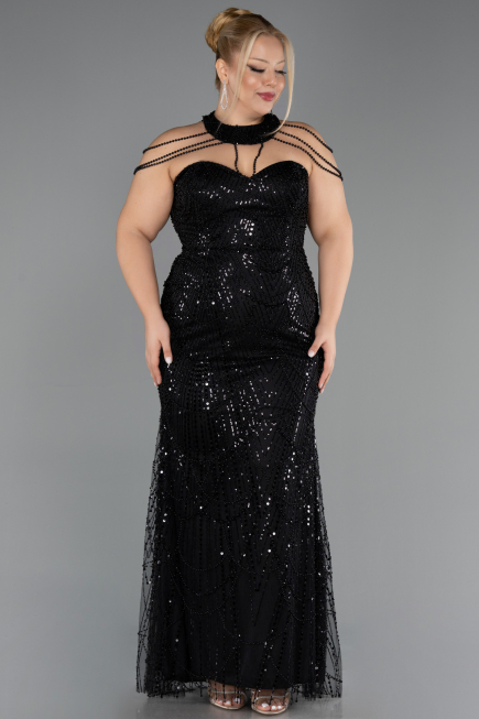 Long Black Beaded Plus Size Evening Gown ABU6632