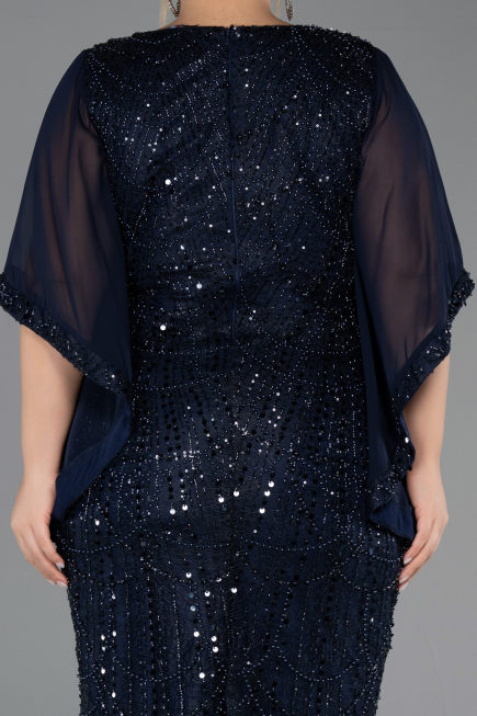 Midi Navy Blue Beaded Plus Size Cocktail Dress ABK2693