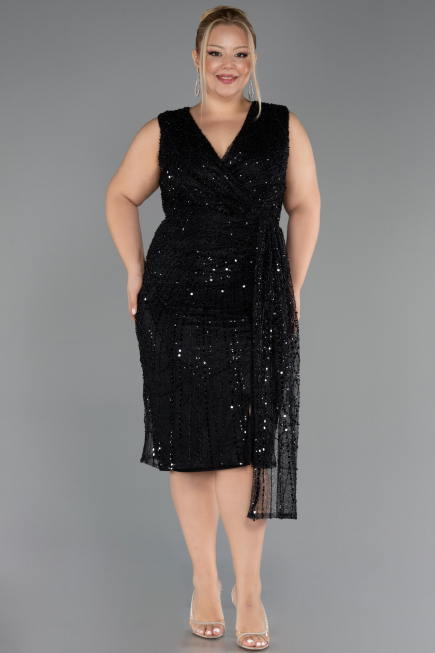 Midi Black Beaded Plus Size Cocktail Dress ABK2698