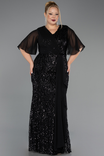 Long Black Scaly Plus Size Evening Gown ABU6373