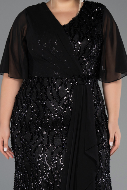 Long Black Scaly Plus Size Evening Gown ABU6373