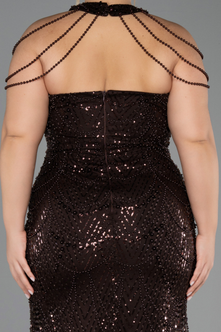 Long Brown Beaded Plus Size Evening Gown ABU6632