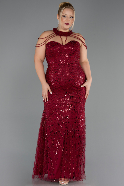 Long Burgundy Beaded Plus Size Evening Gown ABU6632