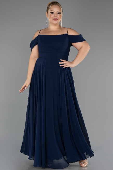 Long Navy Blue Chiffon Plus Size Evening Gown ABU6646