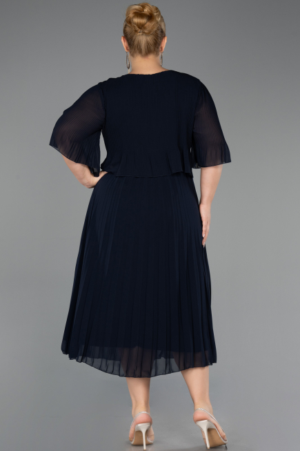 Midi Navy Blue Chiffon Plus Size Evening Dress ABK2677