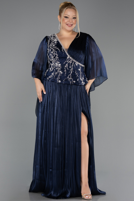 Long Navy Blue Chiffon Plus Size Evening Gown ABU6619