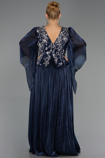 Long Navy Blue Chiffon Plus Size Evening Gown ABU6619