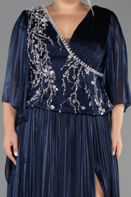 Long Navy Blue Chiffon Plus Size Evening Gown ABU6619