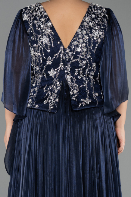 Long Navy Blue Chiffon Plus Size Evening Gown ABU6619