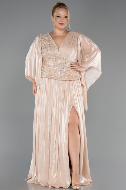 Long Beige Chiffon Plus Size Evening Gown ABU6619