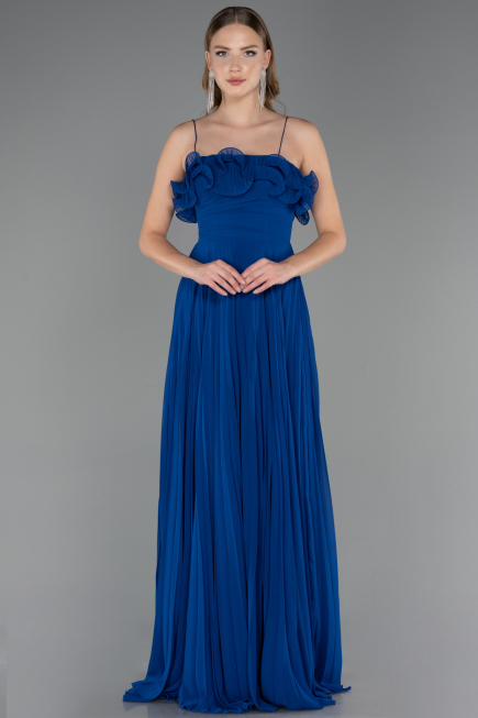 Sax Blue Strapless Long Chiffon Prom Gown ABU4866