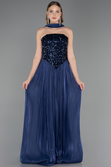 Long Navy Blue Chiffon Evening Dress ABU6533