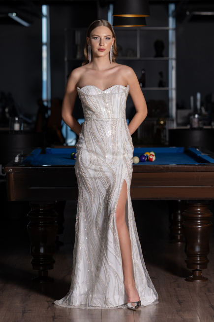 Long White Beaded Evening Dress ABU6205