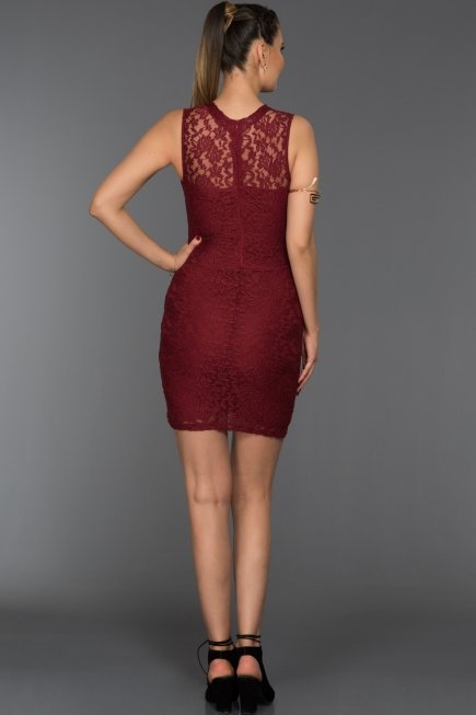 Bordo Mini Dantelli Elbise ES3574