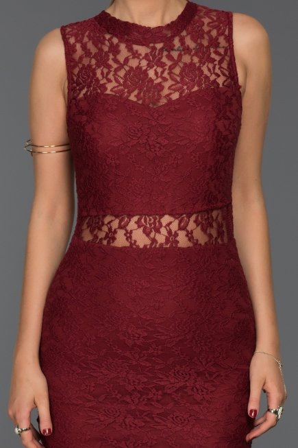 Bordo Mini Dantelli Elbise ES3574
