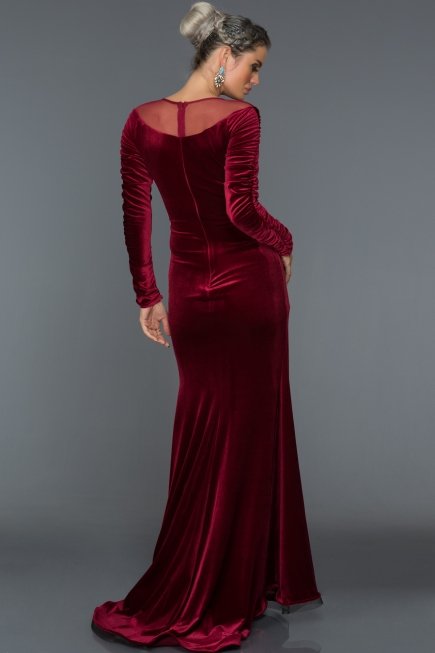 Bordo Yırtmaçlı Uzun Kadife Abiye F4348