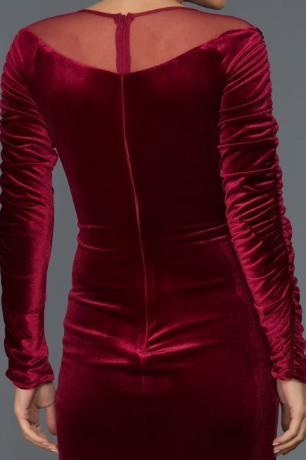 Bordo Yırtmaçlı Uzun Kadife Abiye F4348