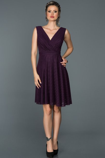 Violet V Yaka Kısa Elbise ABK069