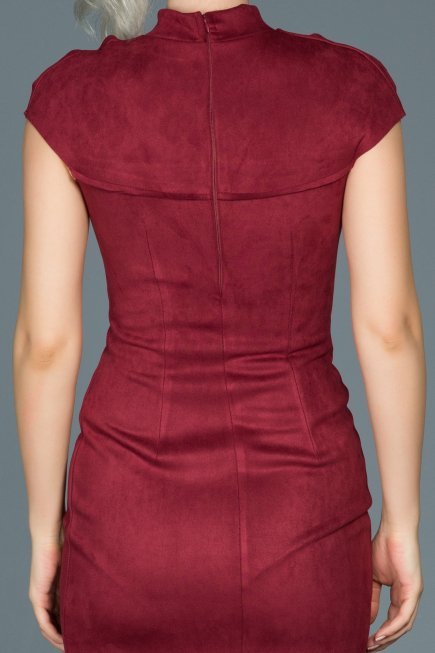 Bordo Lazer Kesim Süet Elbise ABK256