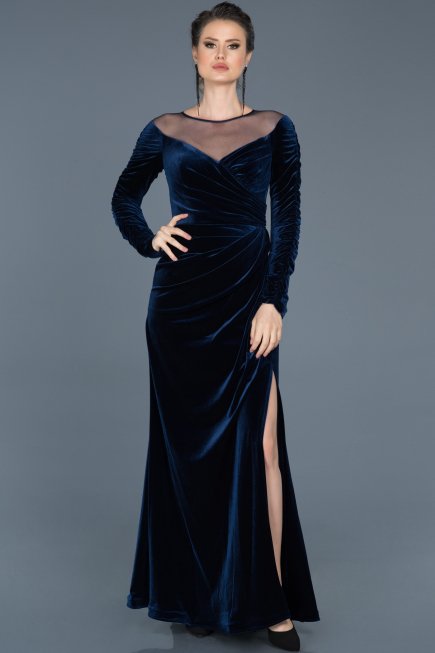 Long Lacivert Velvet Evening Dress ABU527