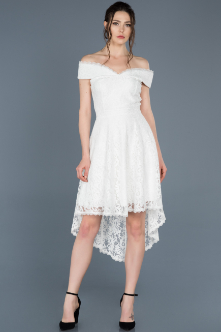 Front Short Back Long White Laced Prom Gown ABO018