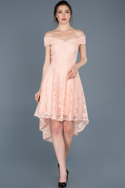 Front Short Back Long Powder Color Laced Prom Gown ABO018