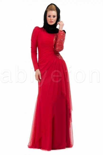 Mercan-mercan tesettür abiye elbise S3472